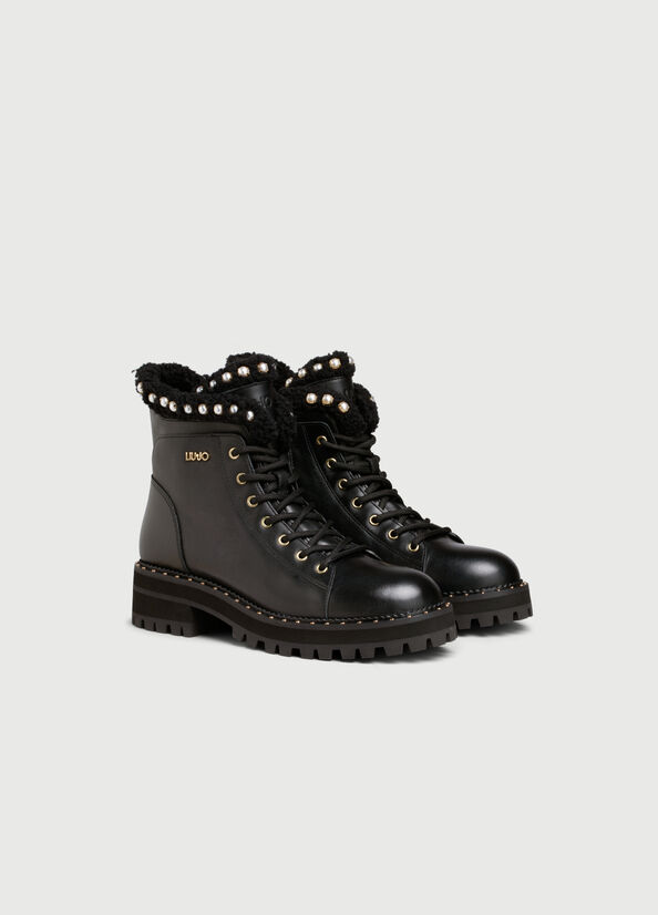 Bottines Liu Jo Cuir With Jewelled Pearls Femme Noir | FTY-784120