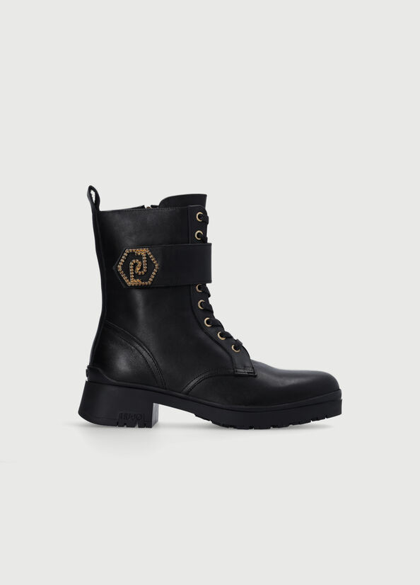 Bottines Liu Jo Genuine Cuir With Logo Femme Noir | QTA-392504