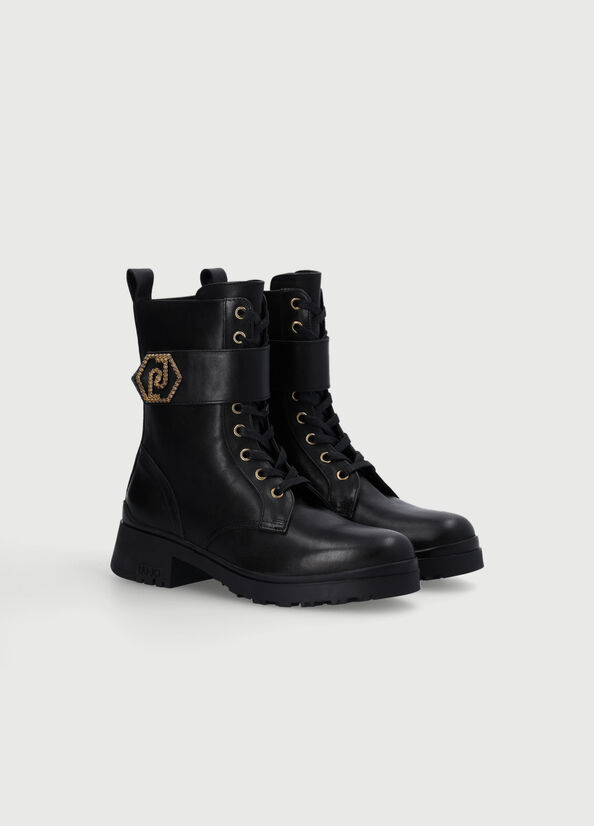 Bottines Liu Jo Genuine Cuir With Logo Femme Noir | QTA-392504