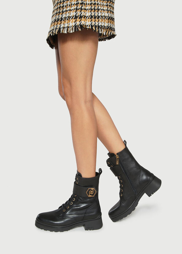 Bottines Liu Jo Genuine Cuir With Logo Femme Noir | QTA-392504