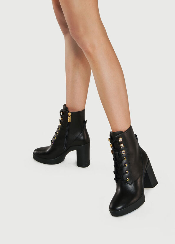 Bottines Liu Jo Laceup With Larges Heel Femme Noir | TJK-679401