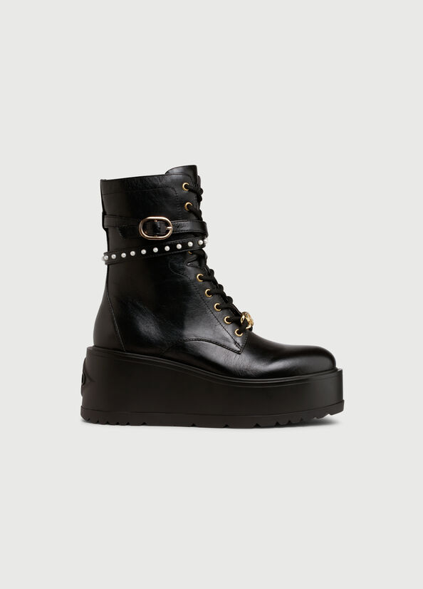 Bottines Liu Jo Plateforme Combat With Jewelled Pearls Femme Noir | VRH-307921