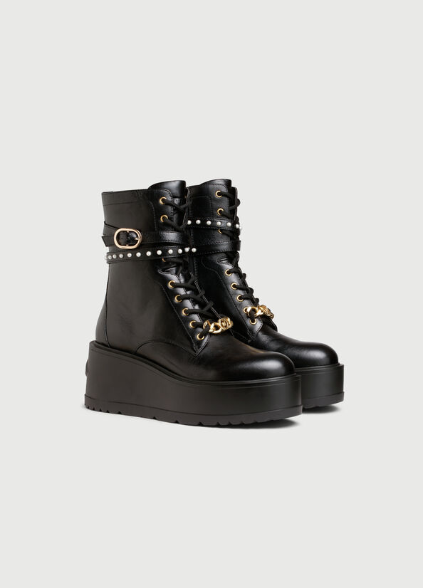 Bottines Liu Jo Plateforme Combat With Jewelled Pearls Femme Noir | VRH-307921