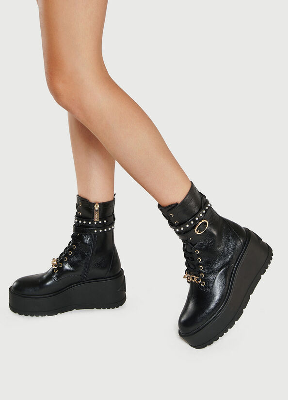 Bottines Liu Jo Plateforme Combat With Jewelled Pearls Femme Noir | VRH-307921