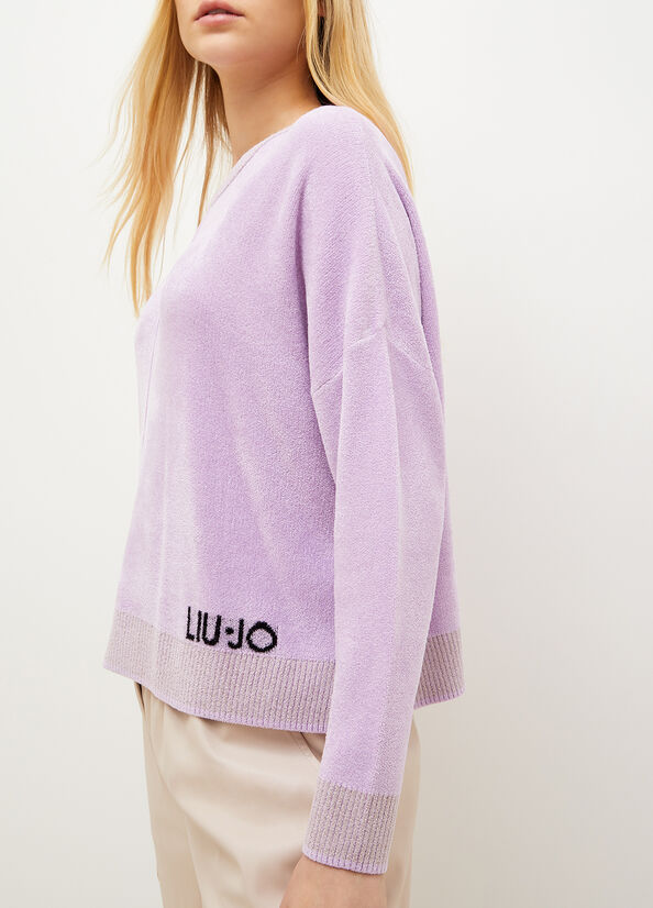 Chandails Liu Jo Chenille With Logo Femme Violette | TWD-352718