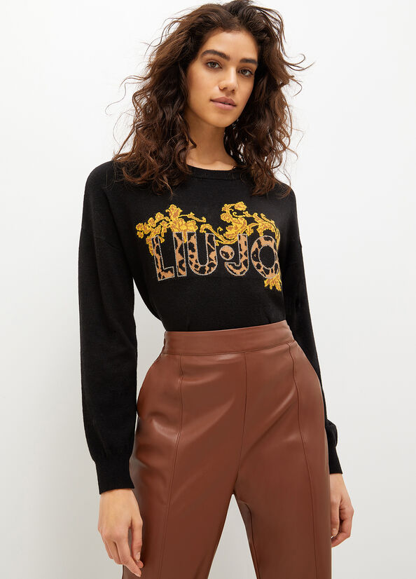 Chandails Liu Jo Laine And Coton With Animal Print Logo Femme Noir Jaune | RIV-801394