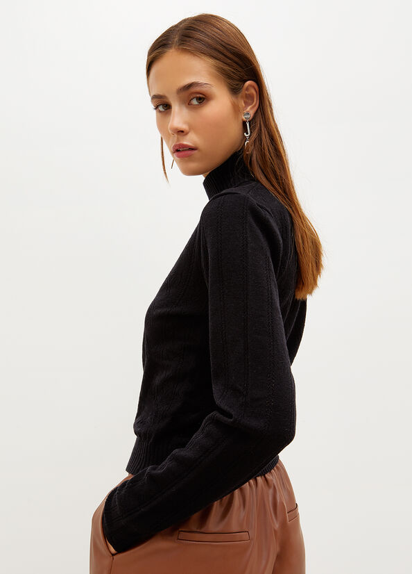 Chandails Liu Jo Mock Turtleneck With Penwork Pattern Femme Noir | ATE-416873