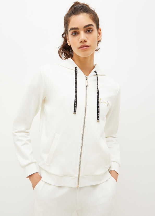 Chandails Liu Jo Stretch Coton With Logo Femme Blanche | NYG-082657