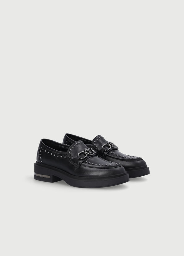 Chaussures Plates Liu Jo Cuir Moccasins With Studs Femme Noir | YTJ-698417