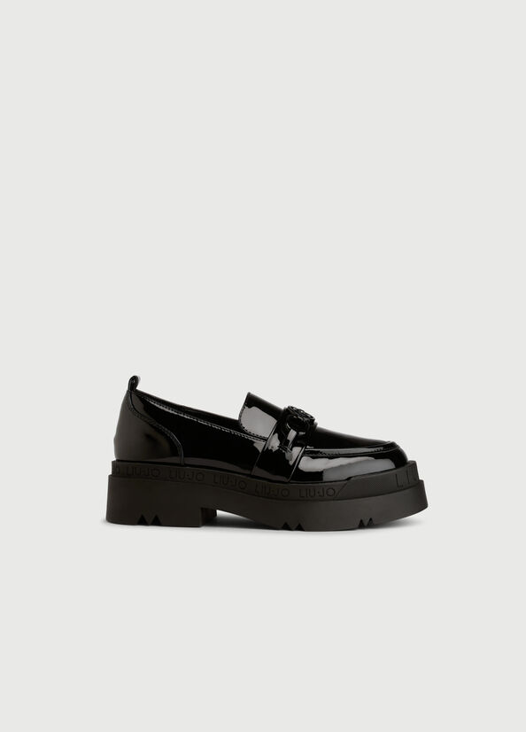 Chaussures Plates Liu Jo Plateforme Moccasins In Vernis Cuir Femme Noir | HLT-815760