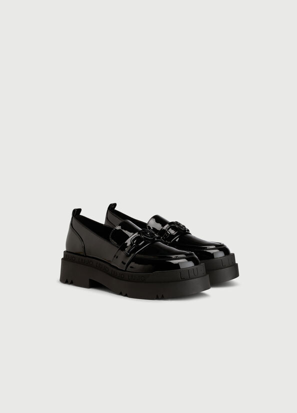 Chaussures Plates Liu Jo Plateforme Moccasins In Vernis Cuir Femme Noir | HLT-815760