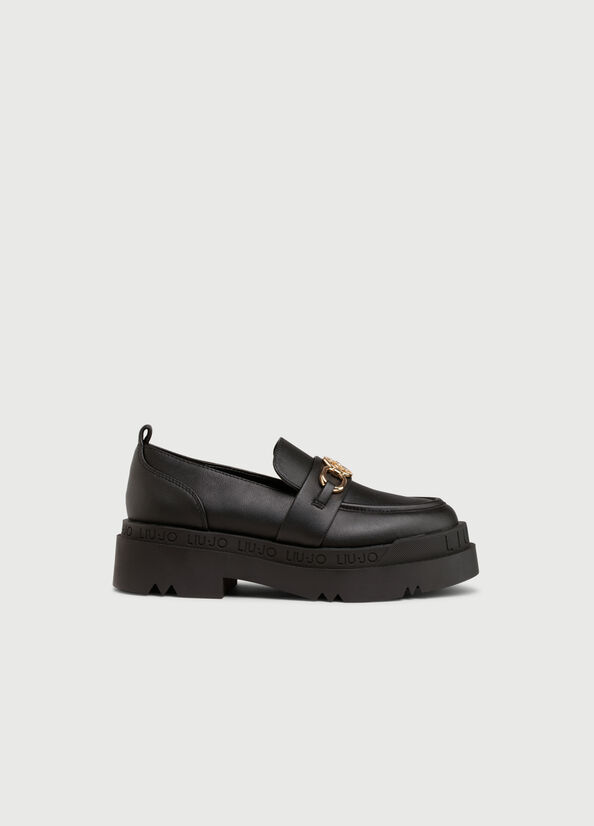 Chaussures Plates Liu Jo Plateforme Moccasins With Logo Femme Noir | ZGU-498021