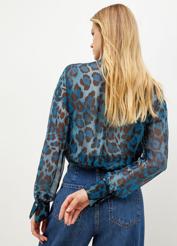 Chemises Liu Jo Animal-Print Chiffon Blouse Femme Bleu | GOL-905178