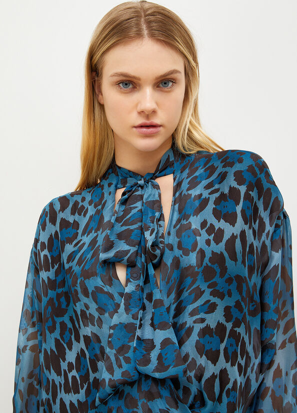 Chemises Liu Jo Animal-Print Chiffon Blouse Femme Bleu | GOL-905178