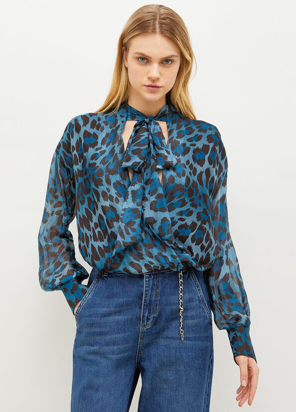 Chemises Liu Jo Animal-Print Chiffon Blouse Femme Bleu | GOL-905178