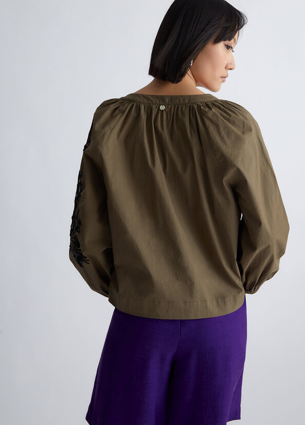 Chemises Liu Jo Blouse With Embroidery And Sequins Femme Vert Olive | GCF-258430