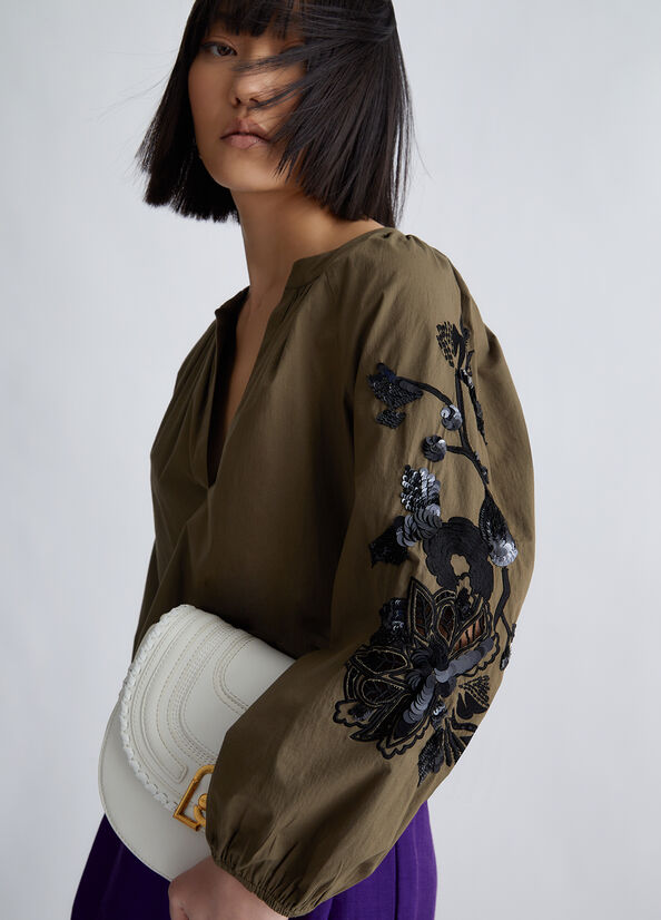 Chemises Liu Jo Blouse With Embroidery And Sequins Femme Vert Olive | GCF-258430