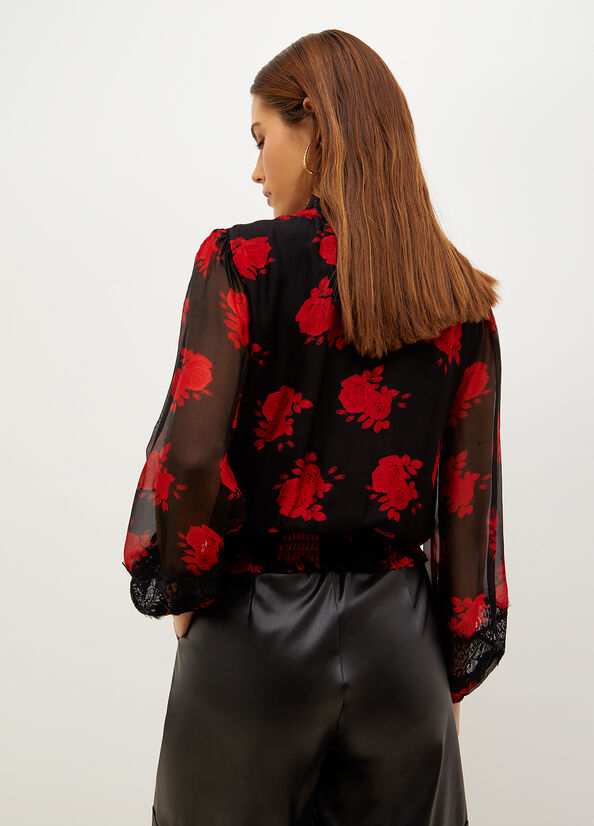 Chemises Liu Jo Floral Chiffon Blouse Femme Noir Rouge | RJN-059468