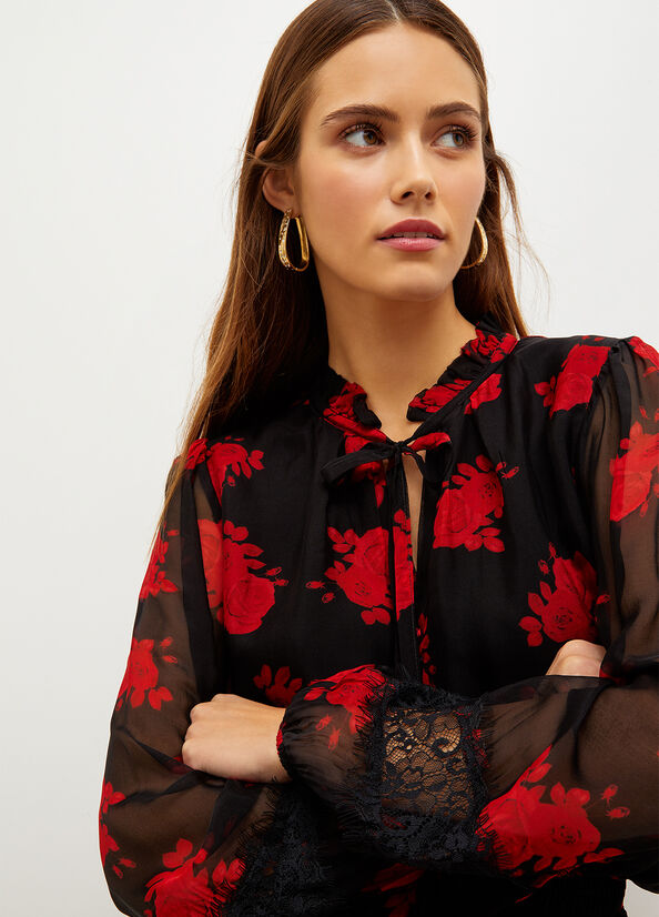 Chemises Liu Jo Floral Chiffon Blouse Femme Noir Rouge | RJN-059468