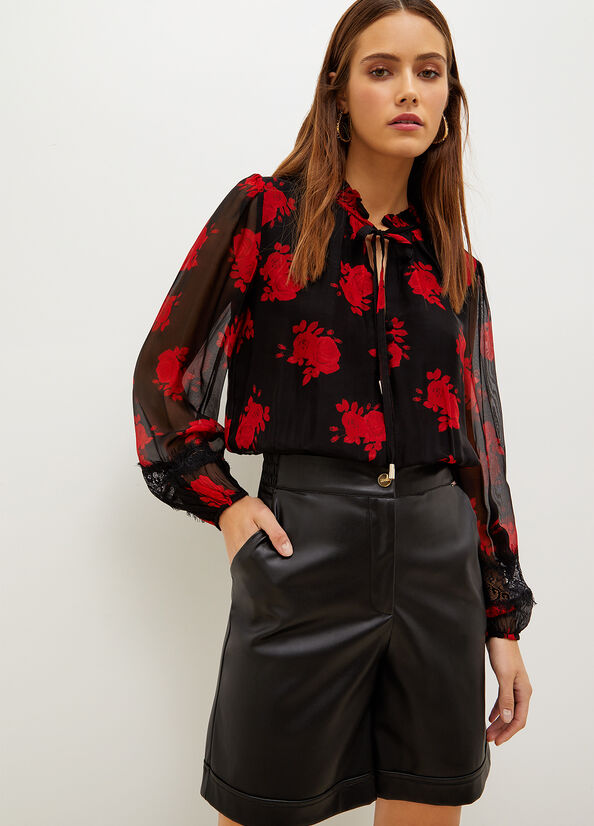 Chemises Liu Jo Floral Chiffon Blouse Femme Noir Rouge | RJN-059468