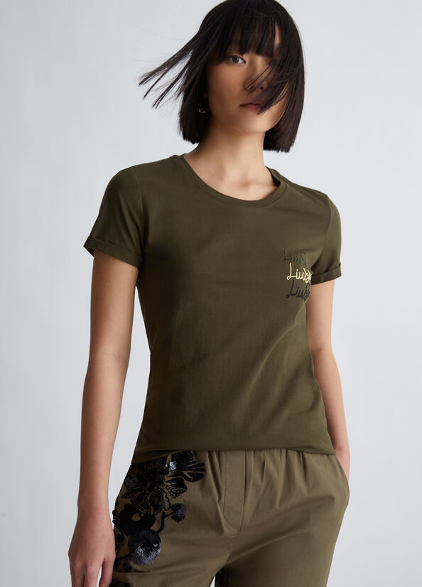 Hauts Liu Jo Coton With Logo Femme Vert Olive | LRB-046397