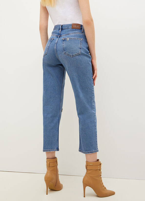 Jean Droit Liu Jo Appliqué Cropped Femme Bleu | RHC-291057