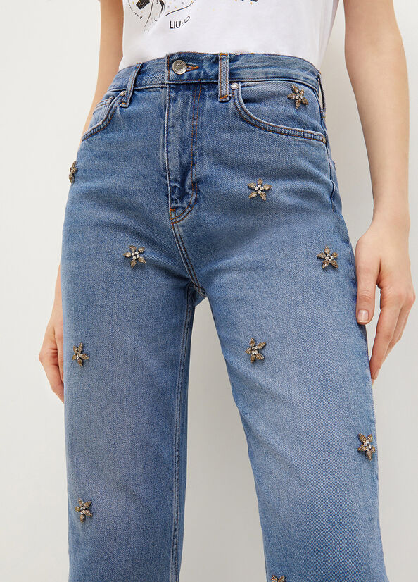 Jean Droit Liu Jo Appliqué Cropped Femme Bleu | RHC-291057