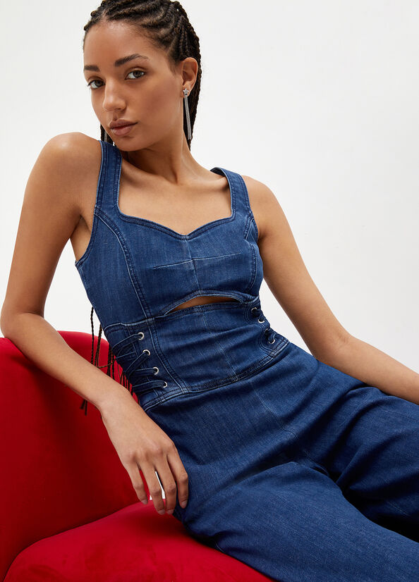 Jean Droit Liu Jo Stretch Denim Jumpsuit Femme Bleu | XZI-584270