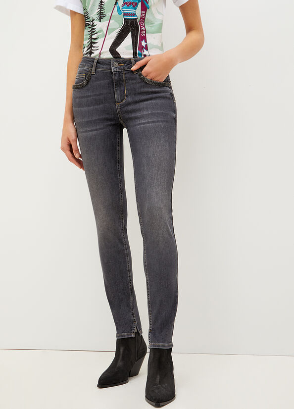 Jean Skinny Liu Jo Bottom Up With Gemstones Femme Grise Foncé | HBN-370129