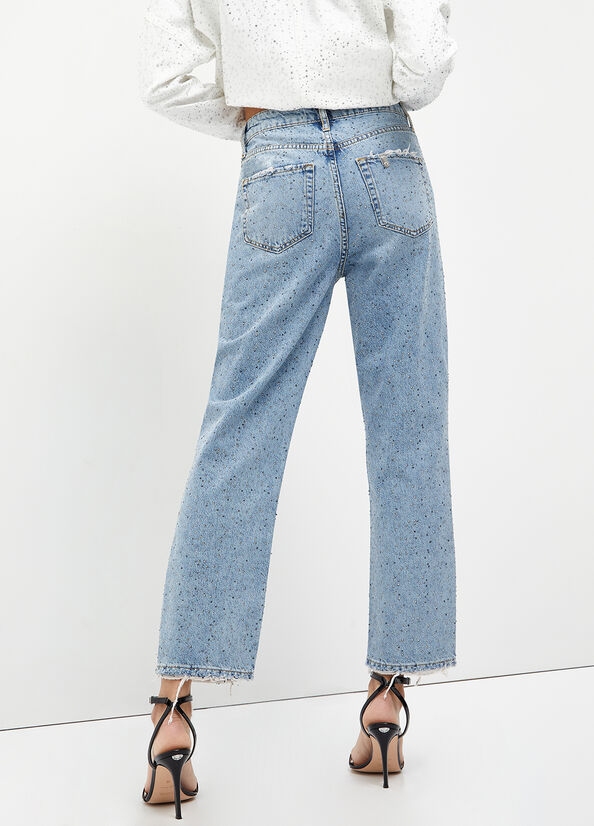 Jean Slim Liu Jo Cropped With Diamantés Femme Bleu | TNS-105782