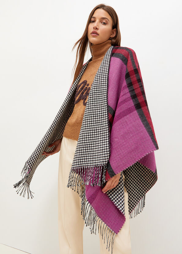 Manteaux Liu Jo Check And Houndstooth Poncho Femme Fushia | FMR-570932