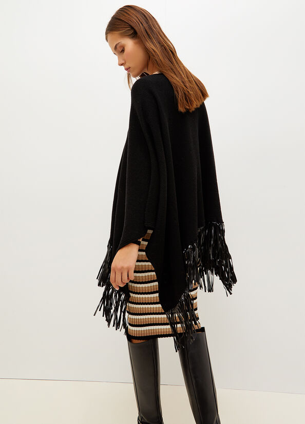 Manteaux Liu Jo Poncho With Fringes Femme Noir | LIR-092415