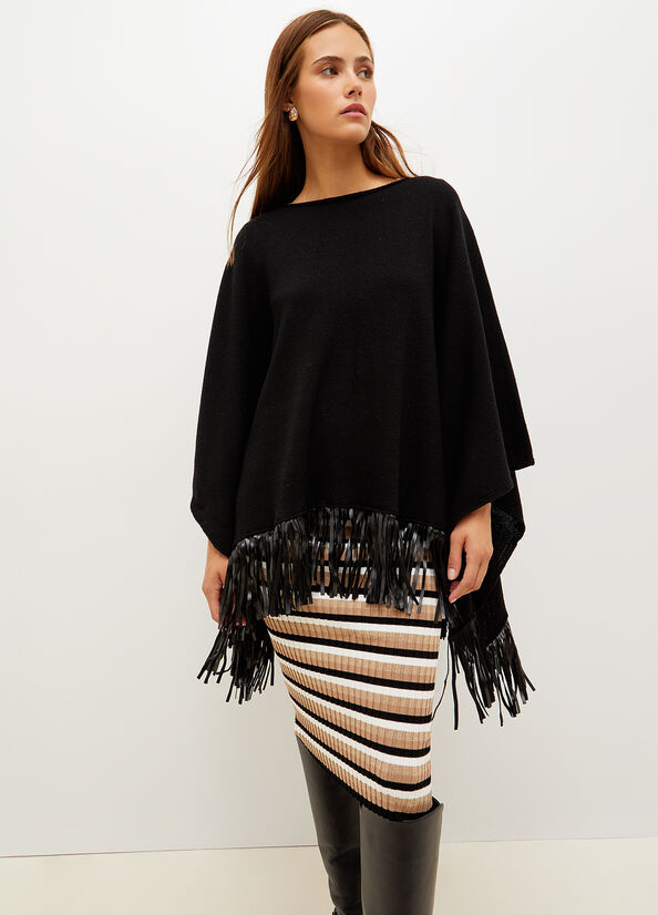 Manteaux Liu Jo Poncho With Fringes Femme Noir | LIR-092415