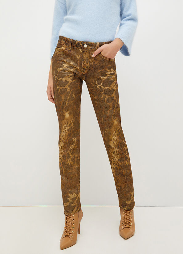 Pantalon Liu Jo Drill With Animal Print Femme Doré | ERB-657813