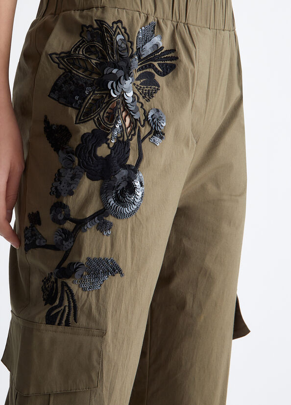 Pantalon Liu Jo With Embroidery And Sequins Femme Vert Olive | MPF-392156