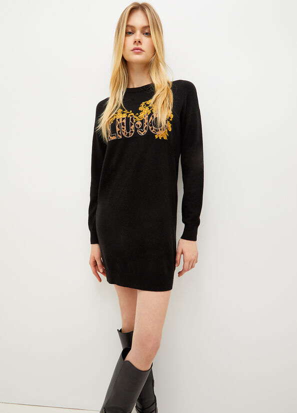 Peignoir Liu Jo Knit With Logo Femme Noir Jaune | YSL-651378