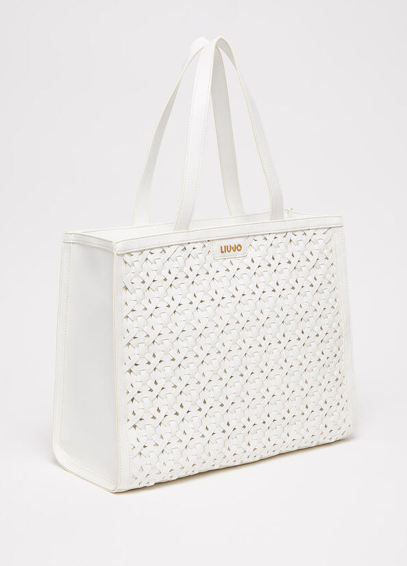 Sac Shopping Liu Jo WovenWith Logo Femme Blanche | DCK-954607