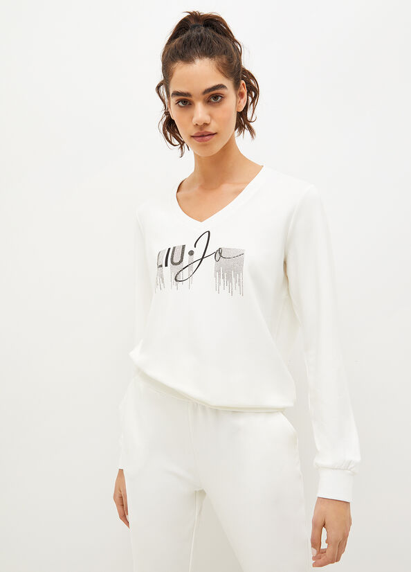 Sweats Liu Jo Eco-Friendly With Logo And Gemstones Femme Blanche | DLX-321857