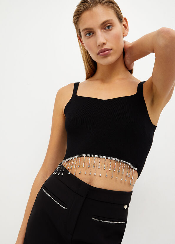 T Shirts Liu Jo Bralette With Jewel Fringes Femme Noir | LFE-439076