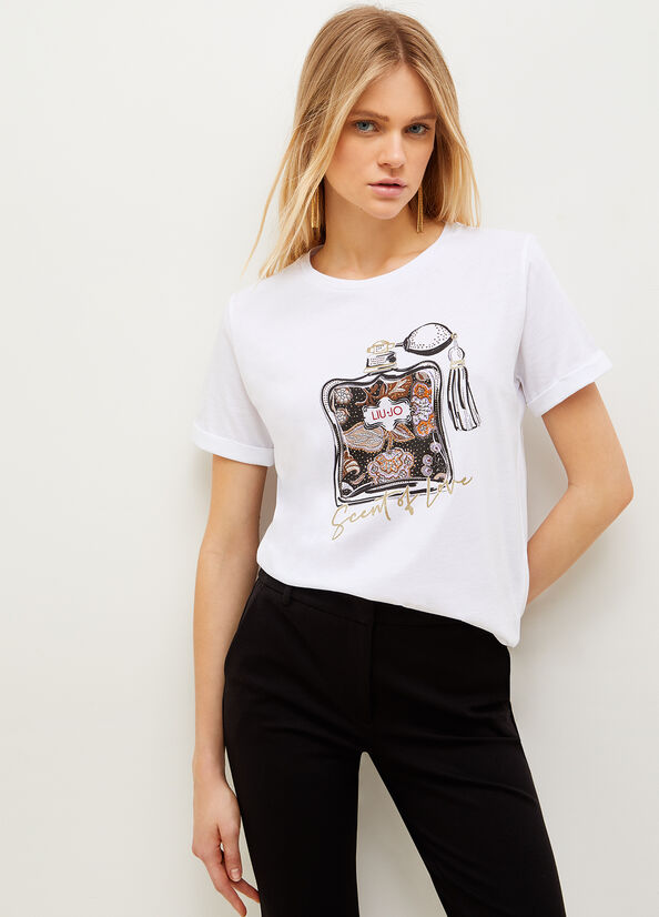 T Shirts Liu Jo Coton With Graphique Print Femme Blanche | QXL-645870