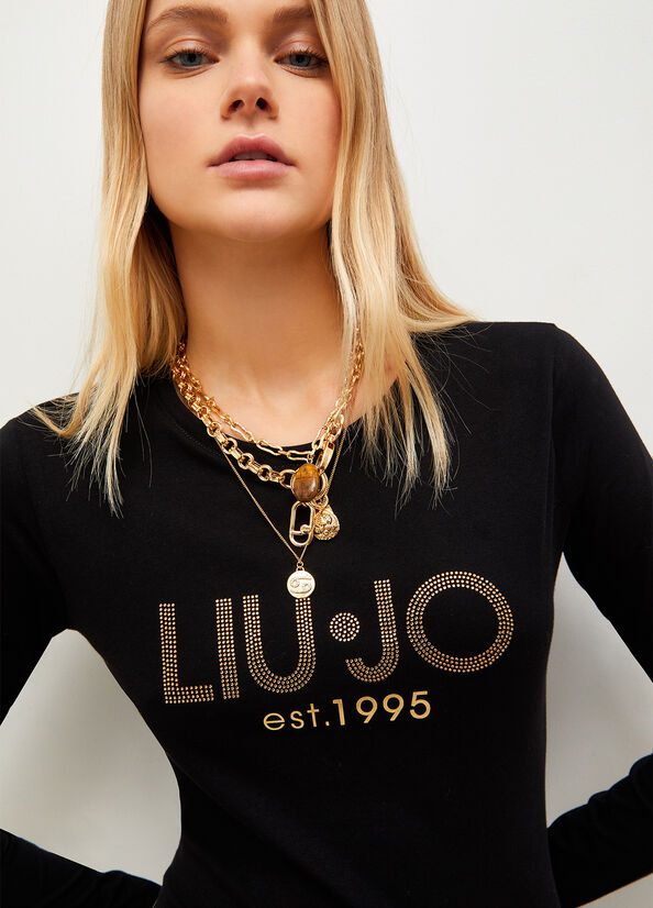 T Shirts Liu Jo Coton With Logo Femme Noir | QYG-213459