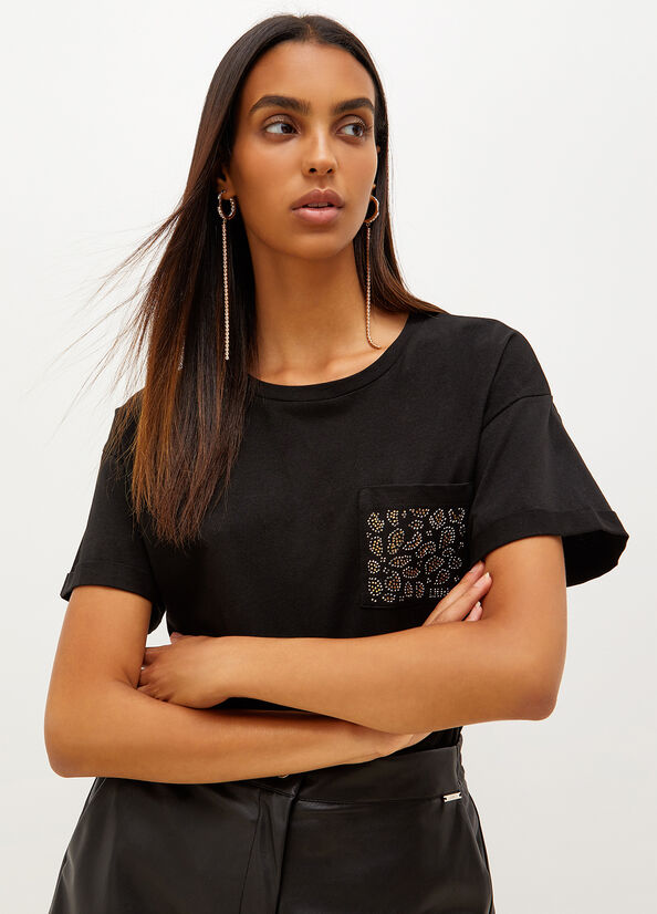 T Shirts Liu Jo Coton With Rhinestones Femme Noir | NEP-921347