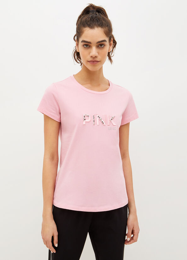 T Shirts Liu Jo Eco-Friendly With Gemstones Femme Rose | KBI-267591