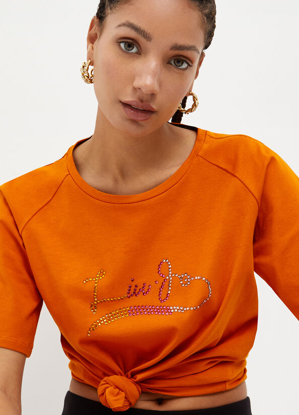 T Shirts Liu Jo Eco-Friendly With Gemstones Femme Orange | PQT-198450