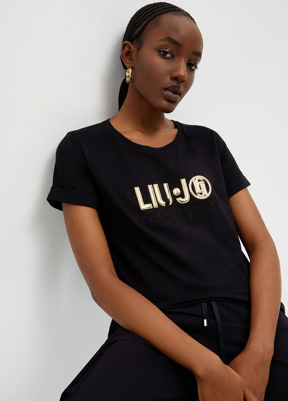 T Shirts Liu Jo Eco-Friendly With Logo Femme Noir | QKI-764180