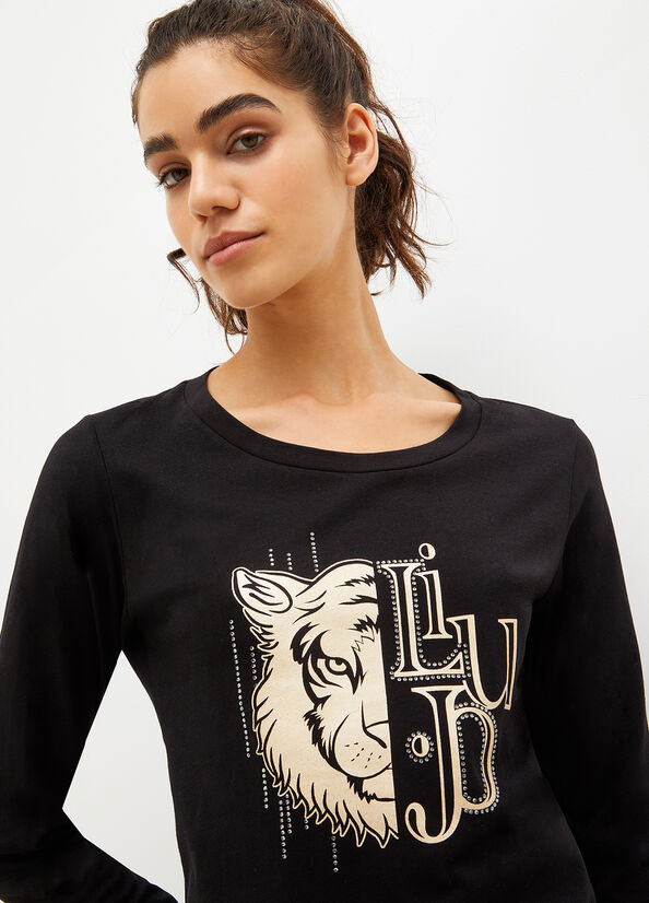 T Shirts Liu Jo Eco-Friendly With Print And Gemstones Femme Noir | ONH-710836