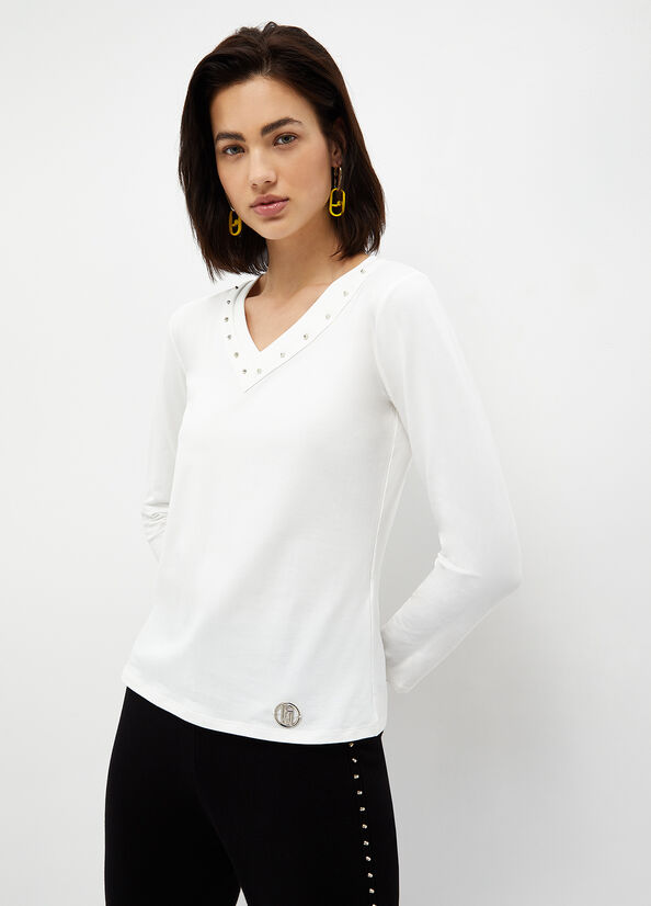 T Shirts Liu Jo Eco-Friendly With Studs Femme Blanche | QGR-416537