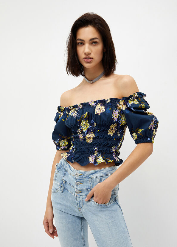 T Shirts Liu Jo Floral Denim Femme Bleu | THD-284690