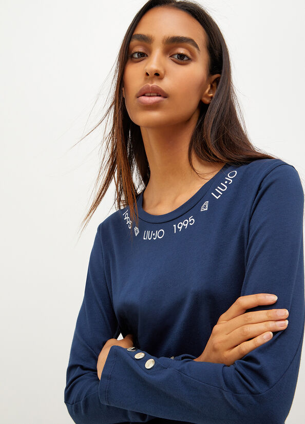 T Shirts Liu Jo Jersey With Logo And Buttons Femme Bleu | UCE-509781