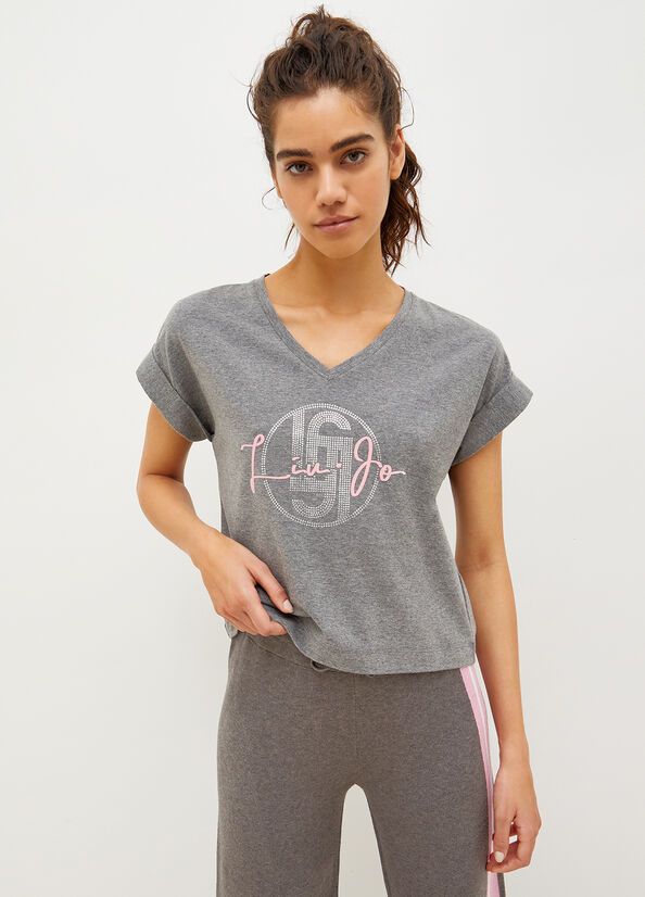 T Shirts Liu Jo Jersey With Logo Femme Grise | DRA-183026